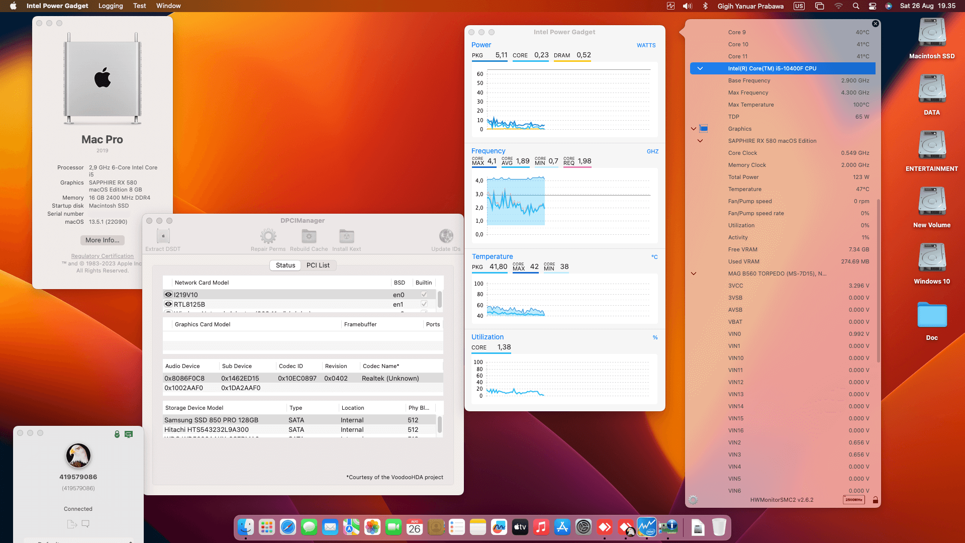 Success Hackintosh macOS Ventura 13.5.1 Build 22G90 in MSI MAG B560 Torpedo + Intel Core i5 10400F + Sapphire RX 580